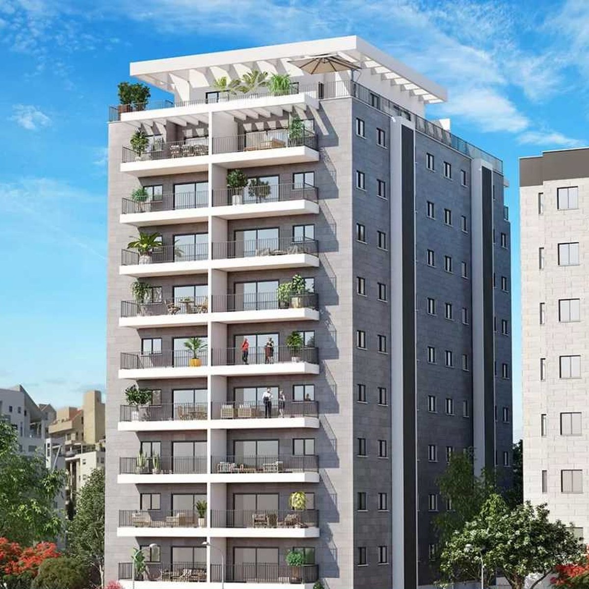 הדמיית בניין פינוי בינוי גמור — פרויקט כרמלי 14, פתח תקווה